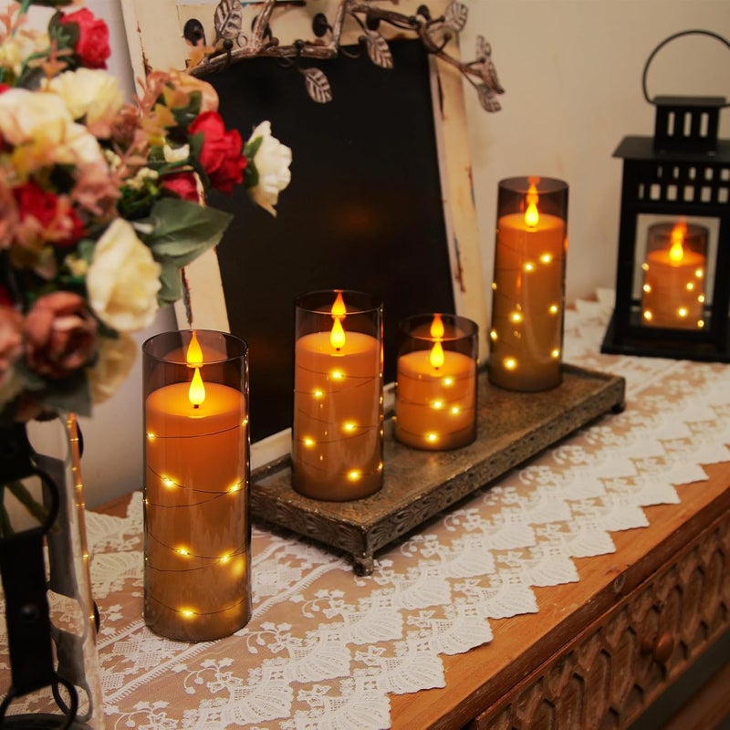 Homemory 9 Pcs Flameless Candles with Embedded Star String Fairy Lights, Battery Operated Candles, LED Fake Candles with Remote Control and Timer, Gray Acrylic - Image 5